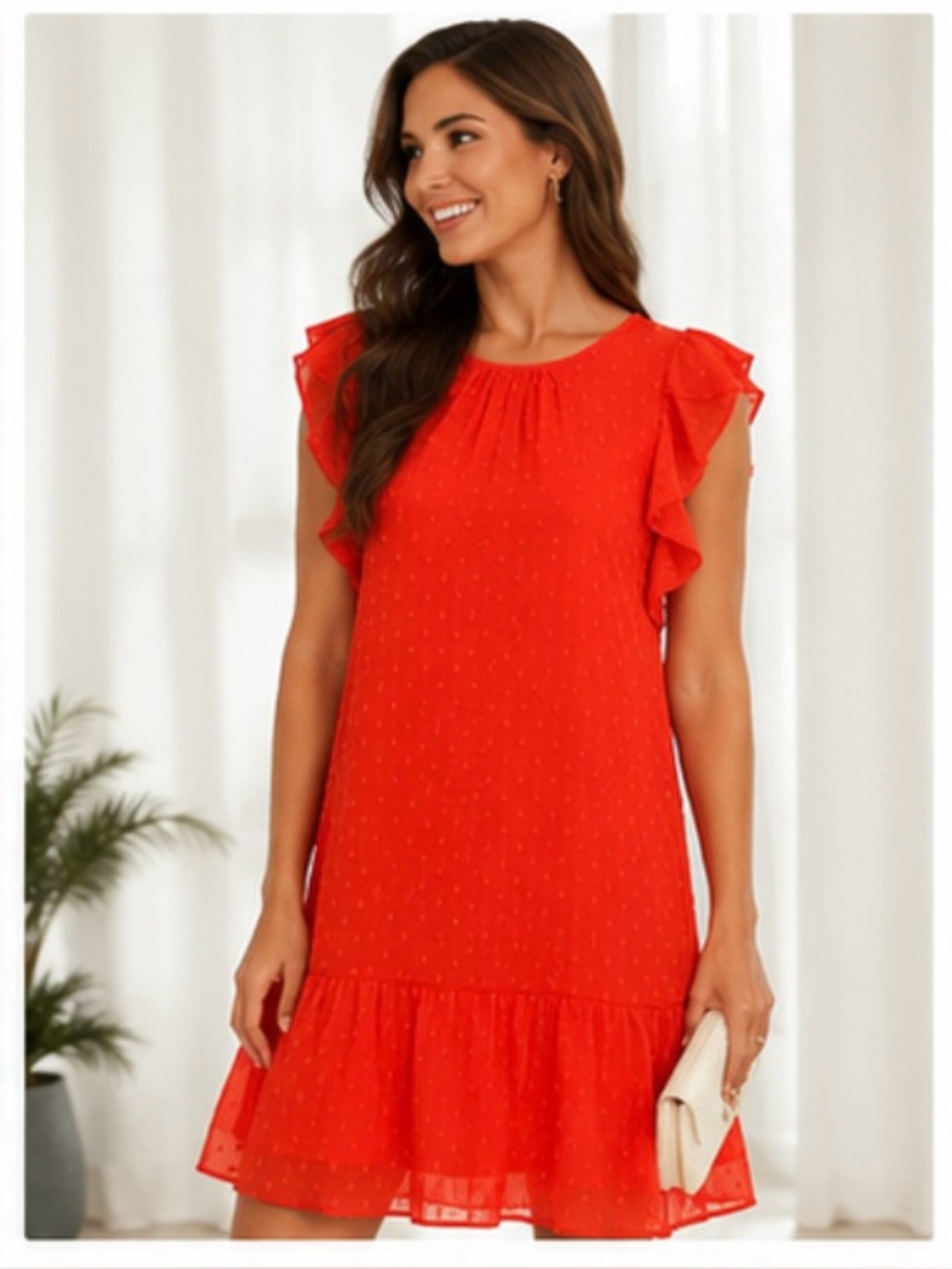 NWT Tommy Hilfiger Swiss Dot Ruffle Sleeve Shift Dress, Poppy Orange